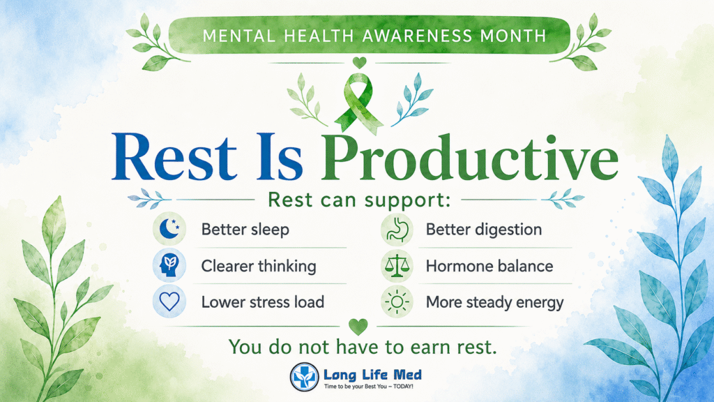Long Life Med mental health awareness graphic for Las Vegas and Henderson patients showing that rest supports sleep, clearer thinking, hormone balance, digestion, immune health, stress recovery, and steady energy.