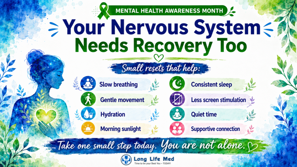 Long Life Med mental health awareness graphic for Las Vegas and Henderson patients showing nervous system recovery tips such as slow breathing, gentle movement, hydration, morning sunlight, consistent sleep, less screen time, quiet time, and supportive connection.