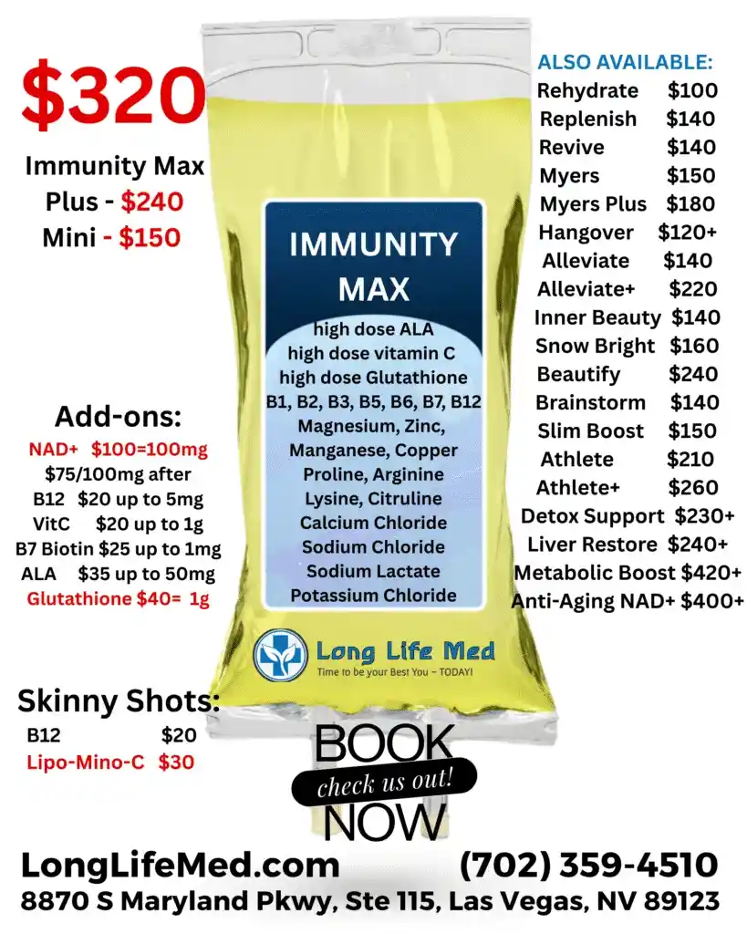 A yellow IV bag labeled "Immunity Max" features supplement details, prices, and a clinic’s contact info for LongLifeMed.com—including address and phone number—making it easy to schedule your next mobile wellness appointment with Long Life Med.