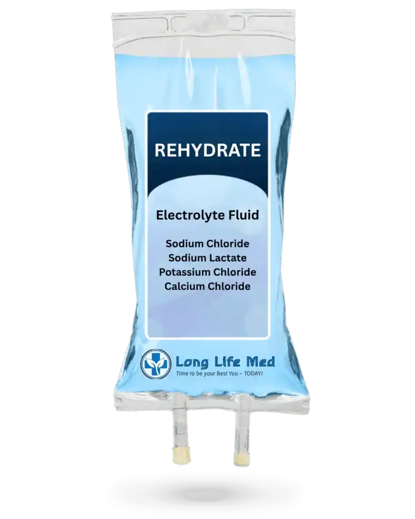 A clear IV bag labeled “REHYDRATE Electrolyte Fluid” lists sodium chloride, sodium lactate, potassium chloride, and calcium chloride—ideal for supporting patients in regenerative medicine. The bag features a Long Life Med logo at the bottom.