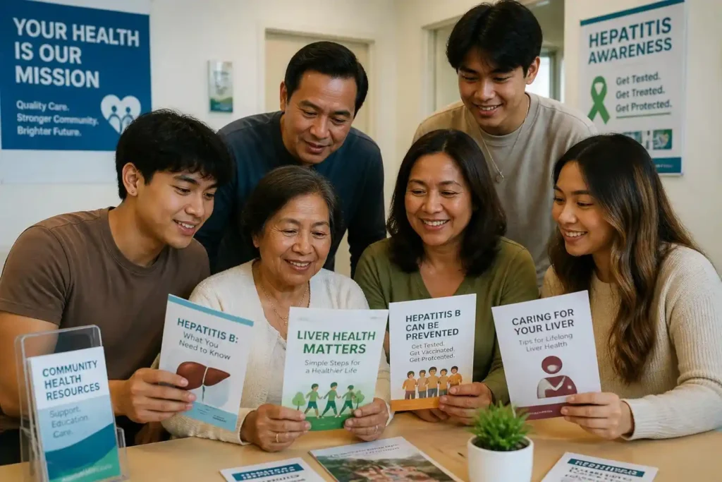 A group of six people sit together reading liver health pamphlets in a medical office with hepatitis awareness posters on the wall, learning about silent infections like Hepatitis B and their impact on liver health.