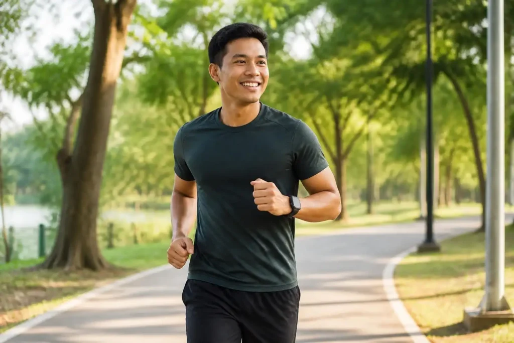 A man is jogging on a paved path in a park surrounded by trees. He is wearing a dark t-shirt, black shorts, and a fitness watch, and is smiling as he runs—showing the benefits of an active lifestyle in reducing risks of conditions like Hepatitis B, a liver infection that often goes unnoticed as a silent infection.