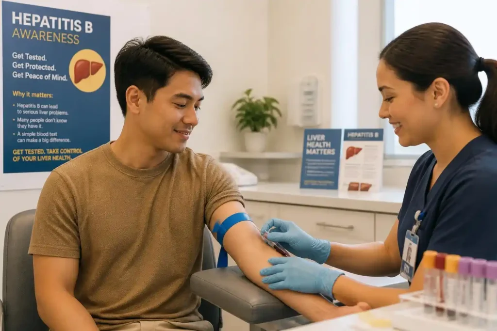 A nurse prepares to draw blood from a seated man’s arm in a clinic. Hepatitis B awareness posters highlighting the risks of this silent infection and medical supplies are visible in the background.