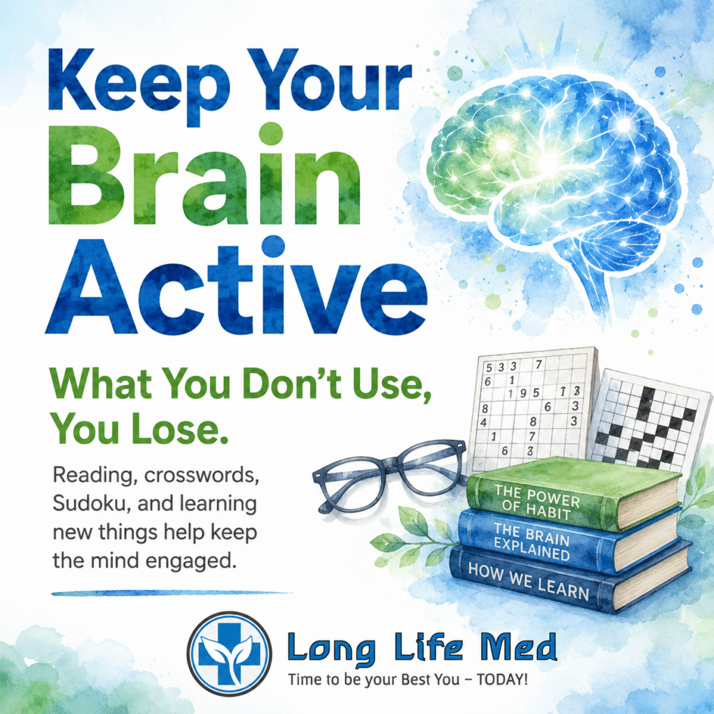 Keep Your Brain Active graphic from Long Life Med showing a brain, books, eyeglasses, Sudoku, and crossword puzzle for lifelong learning and healthy aging.