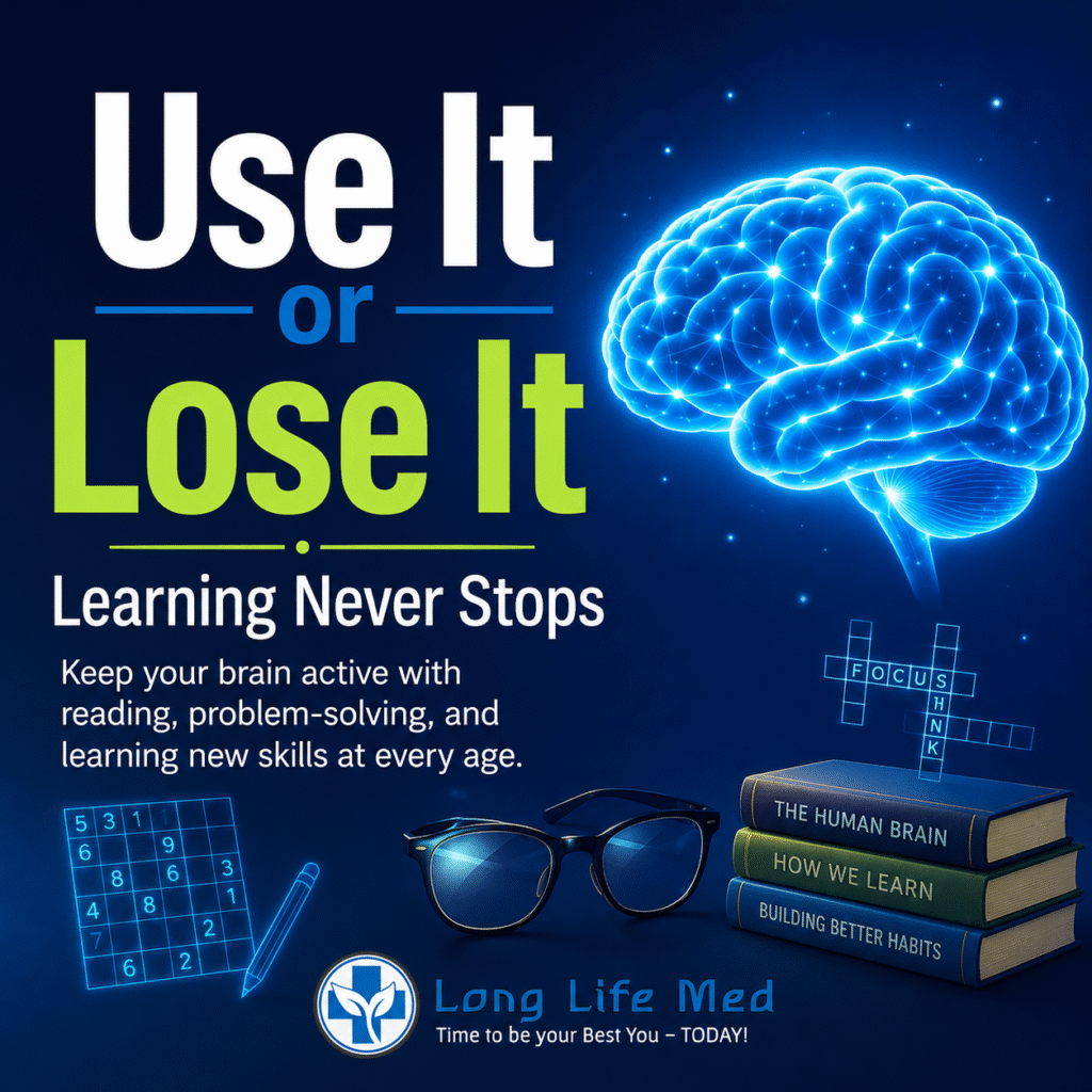 Long Life Med brain health graphic for Las Vegas and Henderson patients showing a glowing brain, Sudoku, crossword puzzle, eyeglasses, and books with the message “Use It or Lose It” and “Learning Never Stops.”
