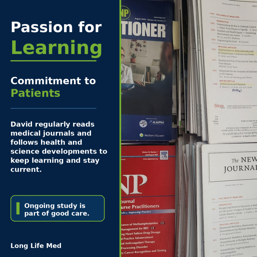 Long Life Med graphic for Las Vegas and Henderson showing David’s medical journals with the message “Passion for Learning” and “Commitment to Patients,” emphasizing ongoing study and better patient care.