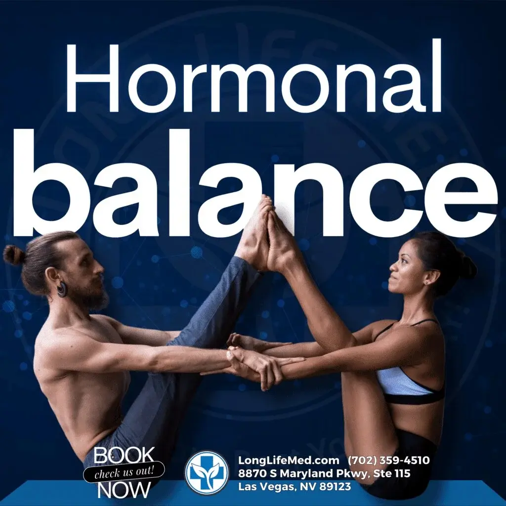 A man and a woman sit facing each other, holding hands and touching feet, with “Hormonal balance” text above them. The scene highlights the importance of testosterone and overall well-being. Clinic contact information for direct primary care in Las Vegas is at the bottom.