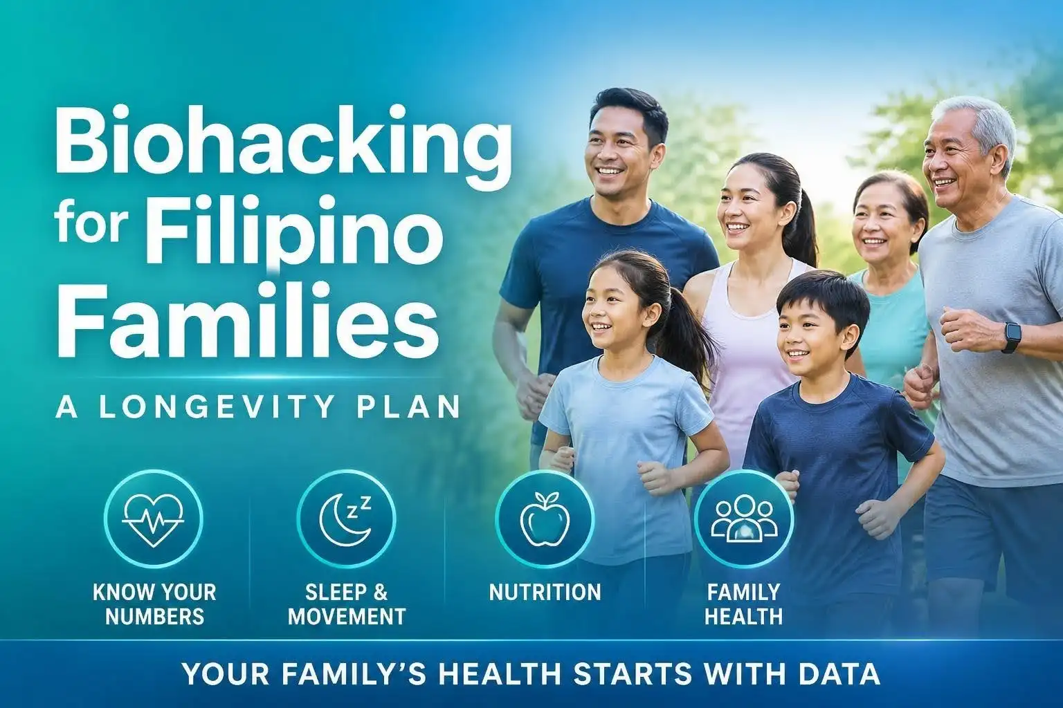 A Filipino family of six jogs outdoors, smiling. Text reads “Biohacking for Filipino Families: A Longevity Plan” with icons for health, sleep, nutrition, and family health—highlighting how biohacking empowers Filipino families to prioritize wellness together.