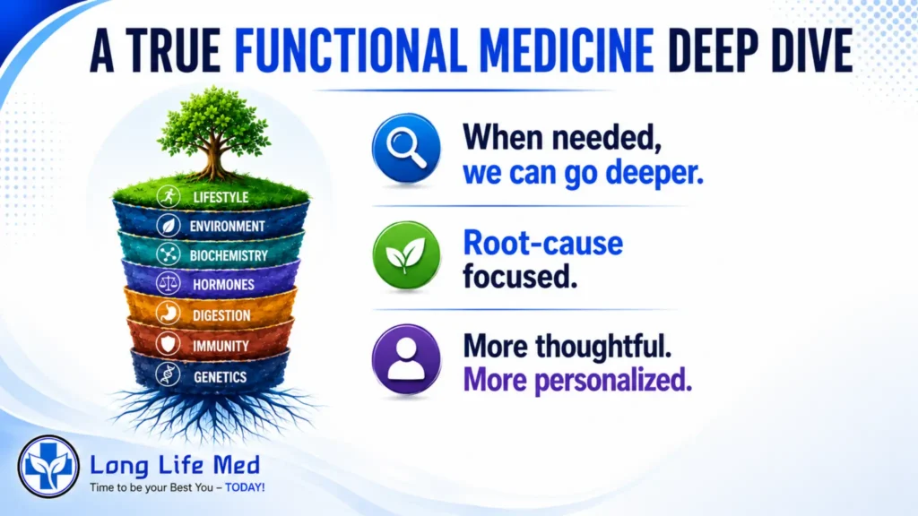Infographic on functional medicine with a layered tree diagram and text about deeper analysis, root-cause focus, and personalized longevity care. Highlighting the expertise of Filipino nurses in Las Vegas, the Long Life Med logo and tagline are featured at the bottom left.