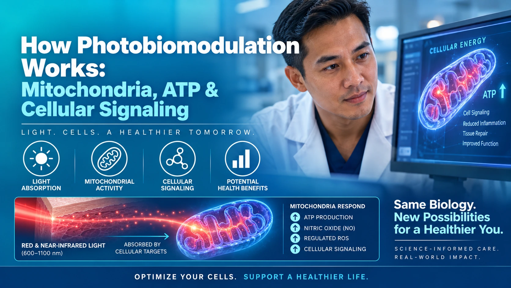A male scientist observes a screen displaying a mitochondrion graphic, explaining photobiomodulation, ATP, and cellular signaling with related icons and text about health benefits. He highlights how Near-Infrared Therapy and Red Light Therapy—popular treatments even in Las Vegas—support cellular energy and wellbeing.