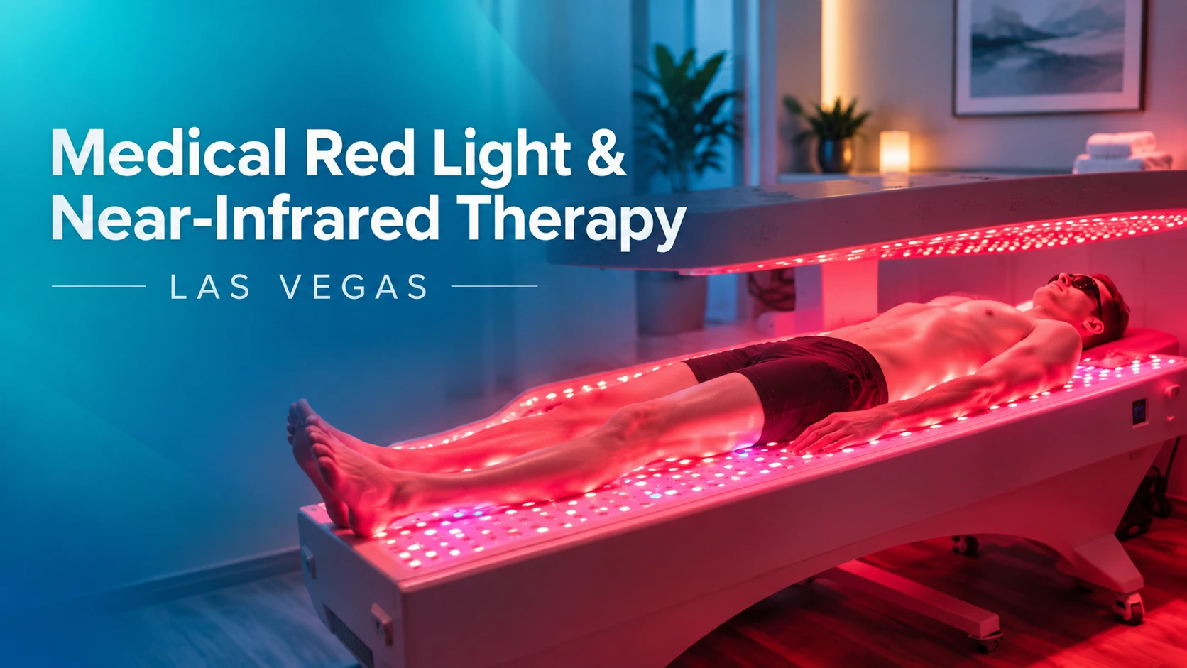 A person in swim trunks lies on a table under red and near-infrared lights in a modern therapy room, experiencing professional Red Light Therapy. Text reads: “Medical Red Light & Near-Infrared Therapy Las Vegas.”.