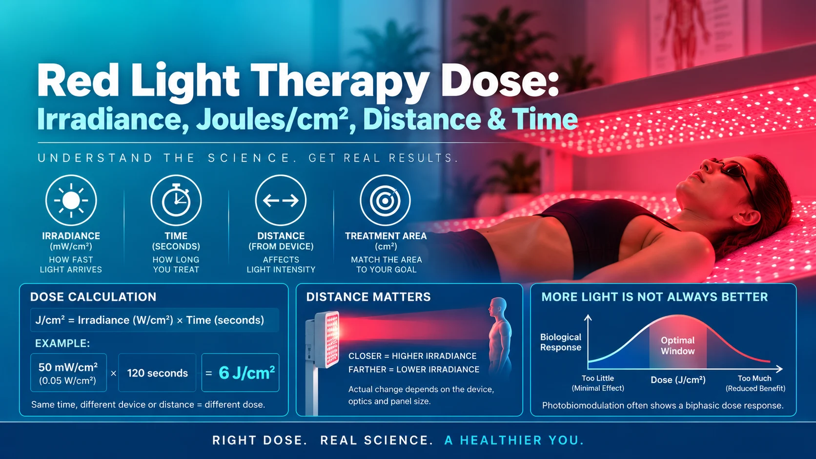A woman lies on a bench under red LED lights at a wellness center in Las Vegas; infographics explain Red Light Therapy dose, distance, and optimal timing for effective treatment.