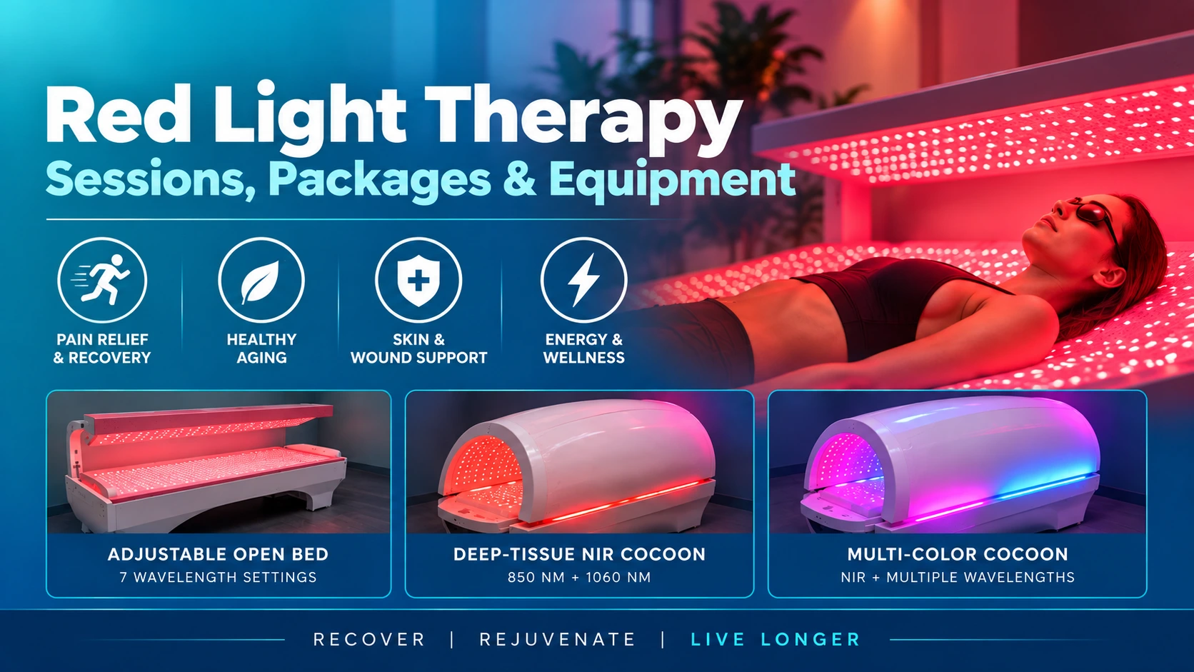 A woman uses a red light therapy bed; image highlights an adjustable open bed, deep-tissue Near-Infrared Therapy cocoon, and multi-color cocoon equipment options with listed health benefits—perfect for those seeking advanced wellness treatments in Las Vegas.