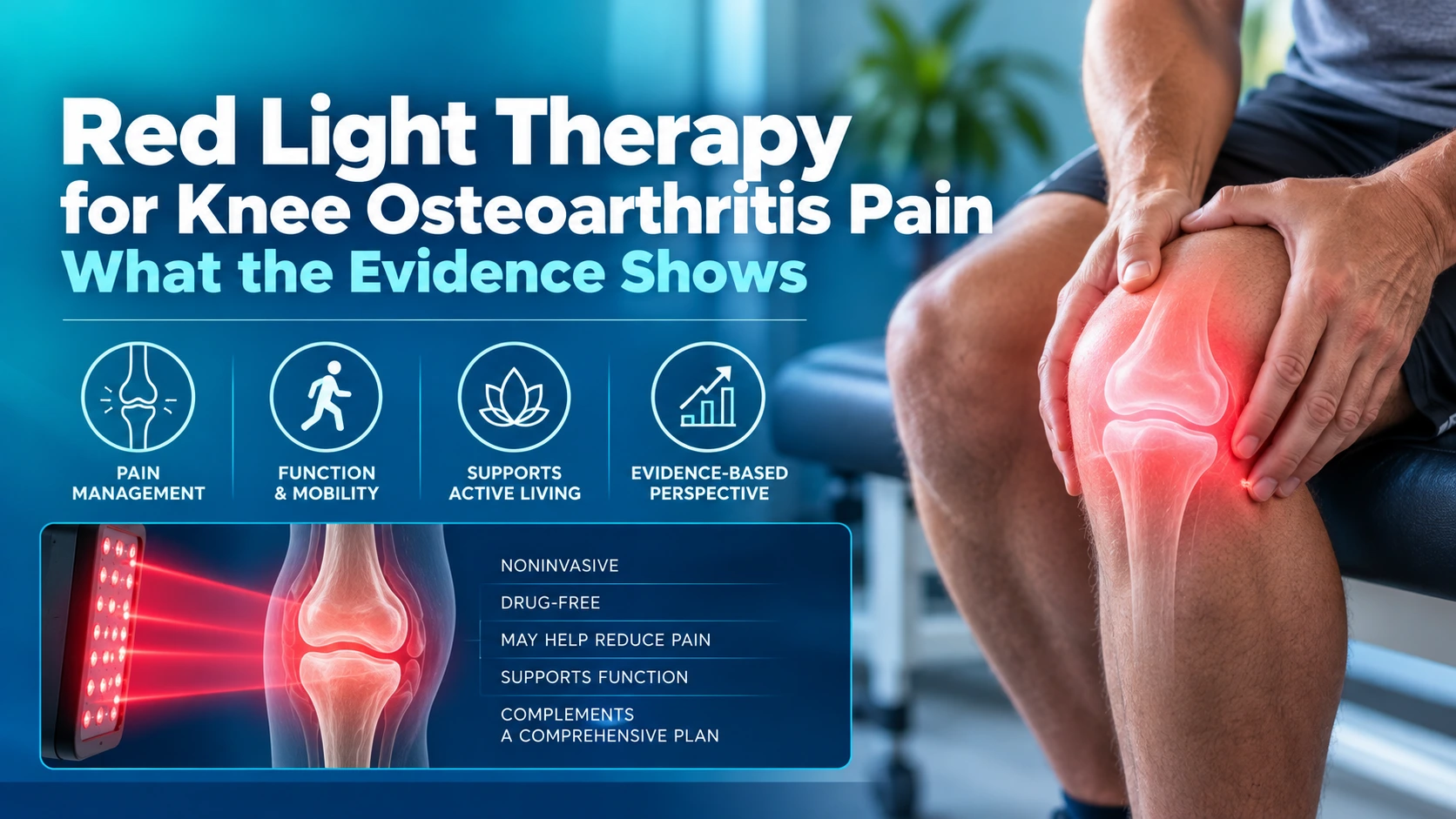 A person uses red light therapy and near-infrared therapy on their knee; text discusses its potential benefits for knee osteoarthritis pain, including pain management, improved mobility, and evidence summaries. This innovative approach is gaining attention in places like Las Vegas for individuals seeking non-invasive relief.