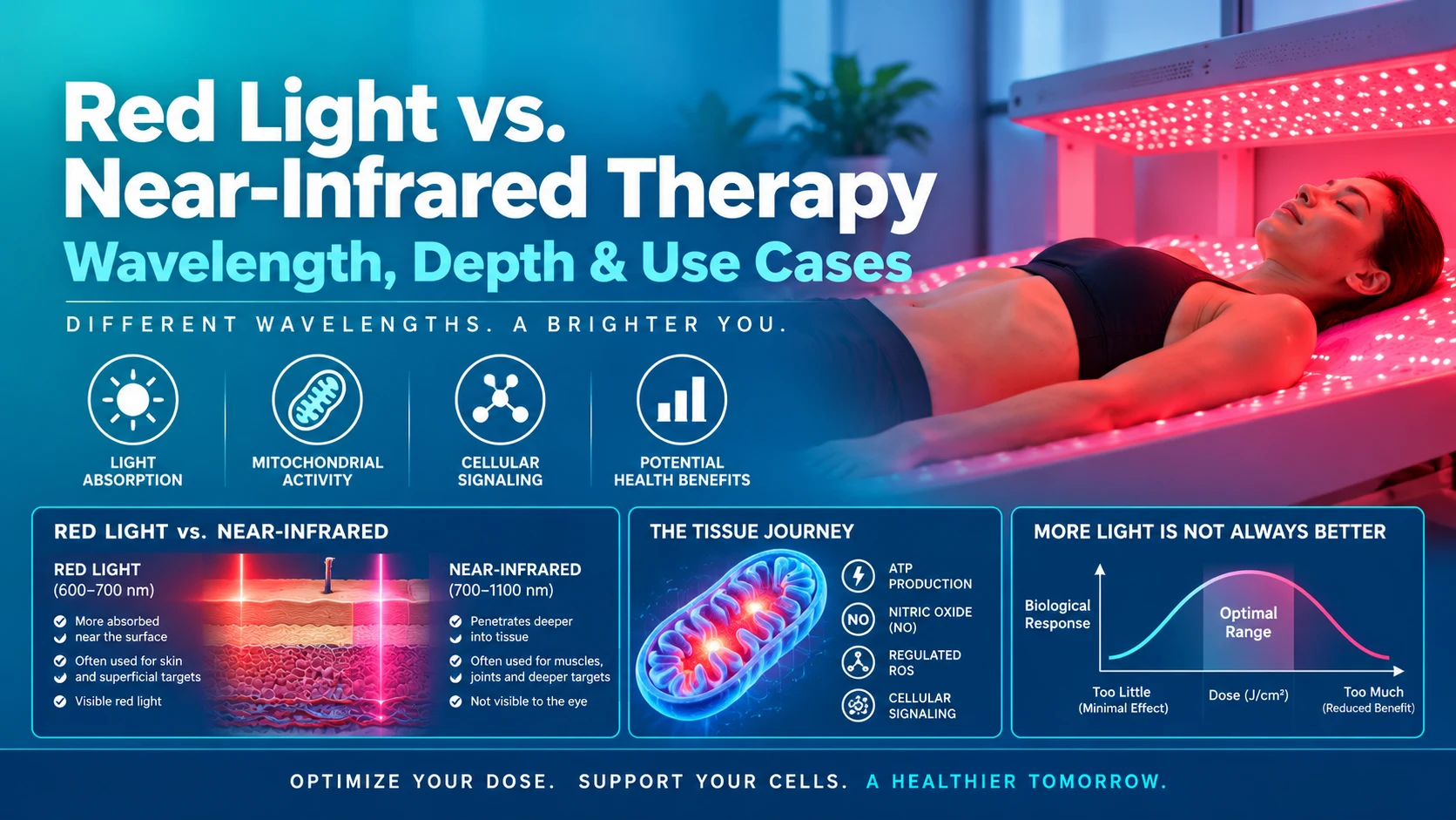 Woman lies under red and near-infrared light panels as part of a Red Light Therapy session in Las Vegas; infographic compares light wavelengths, absorption depths, and health-related cellular effects.
