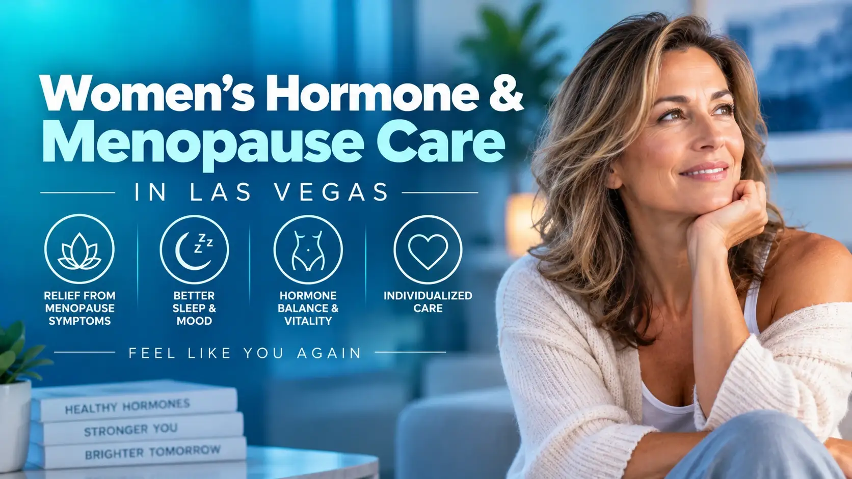 Woman sitting and smiling on a couch; text promotes women’s hormone and menopause care in Las Vegas with benefits listed, including relief from symptoms, better sleep, balance, and individualized care.