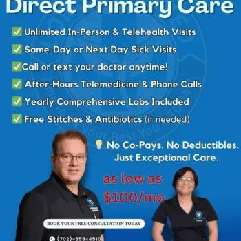 Flyer advertising direct primary care services, including functional medicine support. Lists benefits like unlimited visits, telehealth, same/next-day sick visits, after-hours access, and $100 monthly rate. Two staff members are pictured.